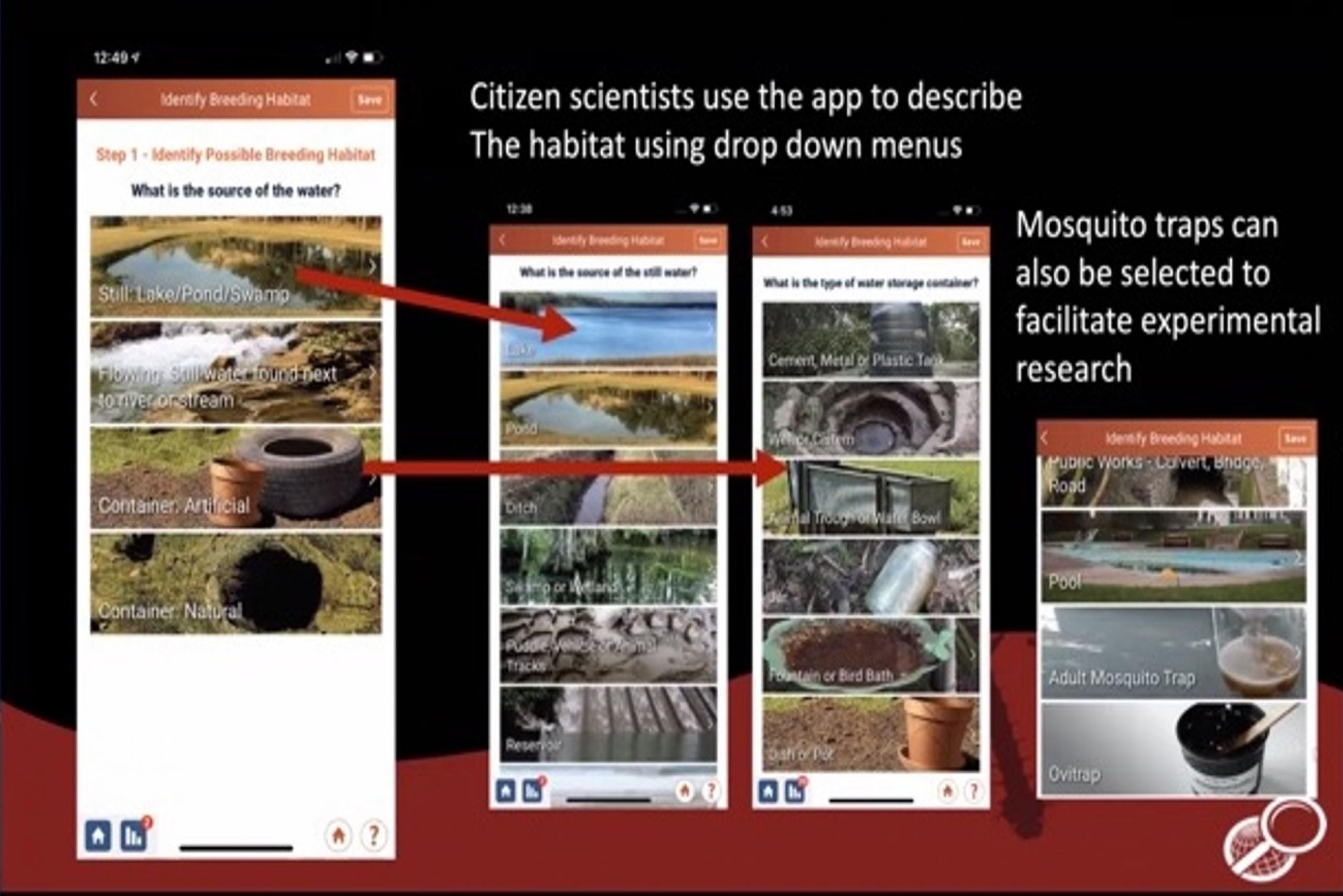 4 screenshots of the Mosquito Habitat Mapper App.